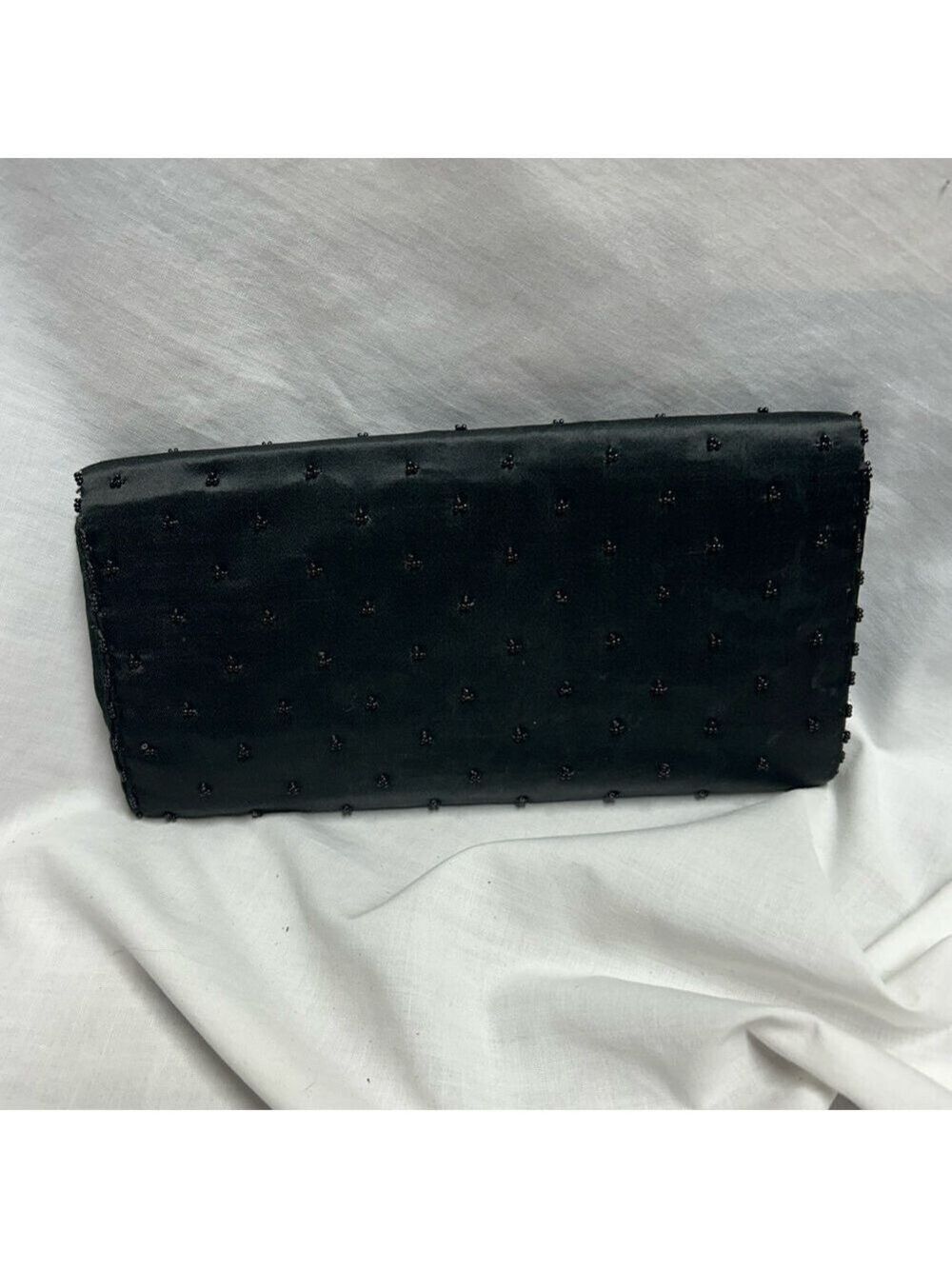 Nice Vintage Art Deco Clutch Black Beaded Sequin Satin Made In Hong Kong - Picture 2 of 9